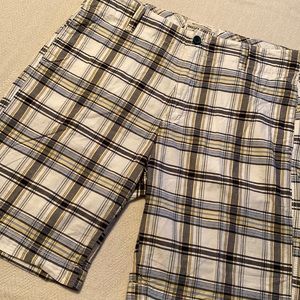 Nautica Jean Company flat Front Shorts, Size:38, Blue,White & Yellow Plaid